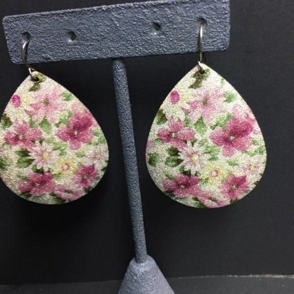 Floral Teardrop Pierced Earrings Big Iridescent Pink Purple Green Retro BoHo - Picture 2 of 3